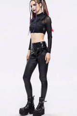 Black Gothic Hexagon Pattern Irregular Star Reflection Shiny Elasticity Leather Women's Leggings - Product - 9