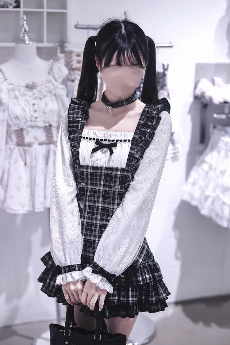 Black/White Square Collar Long Sleeves Jacquard Plaid Printed Ruffled Japanese Vintage Jirai Kei Dress - Product - 9