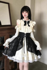 Black/Beige [Dark Chocolate Champagne] Stand Collar Off Shoulder Long Sleeves Double-Layered Ruffled Sweet Japanese Lolita Dress - Black/Beige - 1