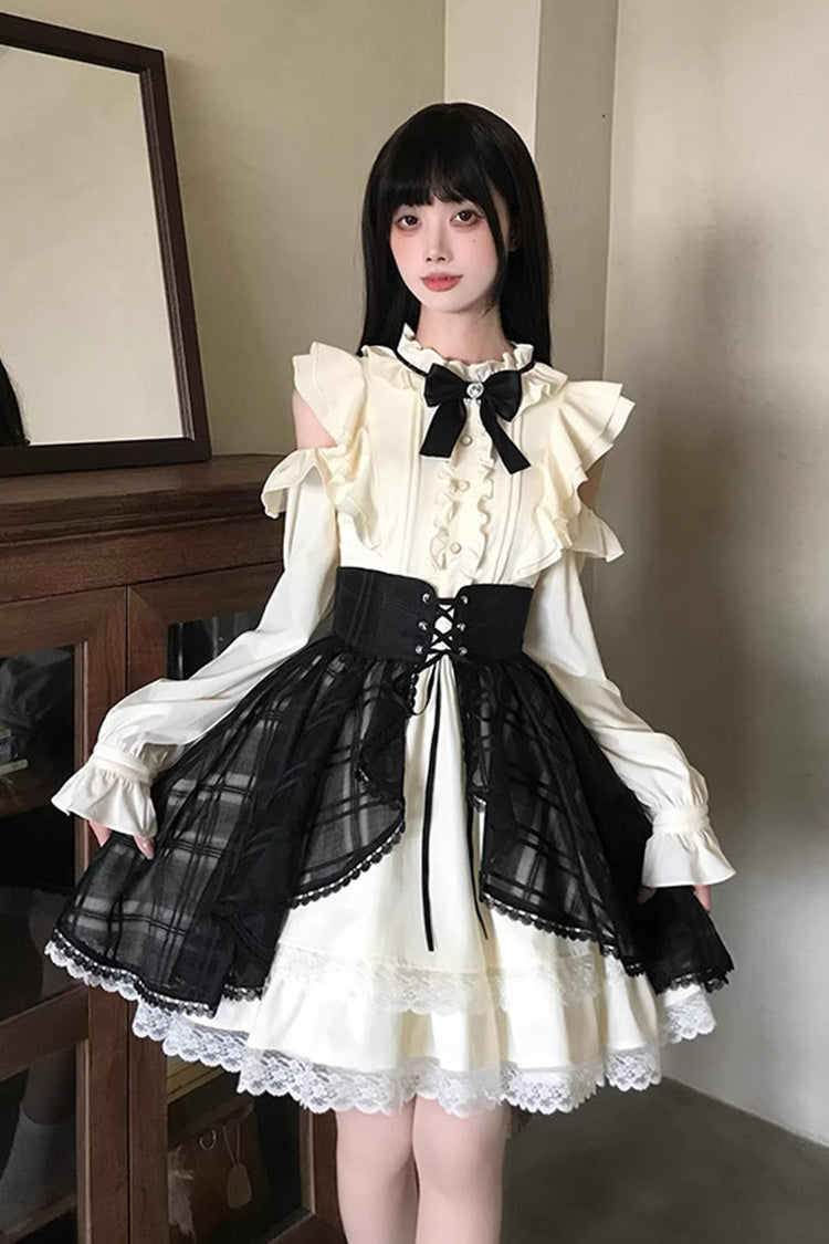 Black/Beige [Dark Chocolate Champagne] Stand Collar Off Shoulder Long Sleeves Double-Layered Ruffled Sweet Japanese Lolita Dress - Black/Beige - 1