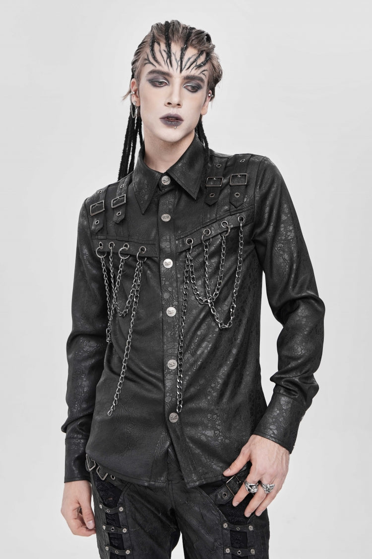 Black Lapel Collar Long Sleeves Buckled Strappy Chain-Decorated Men's Punk Shirt - Black - 1