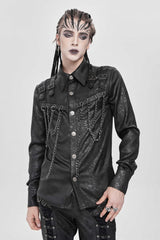 Black Lapel Collar Long Sleeves Buckled Strappy Chain-Decorated Men's Punk Shirt - Black - 1