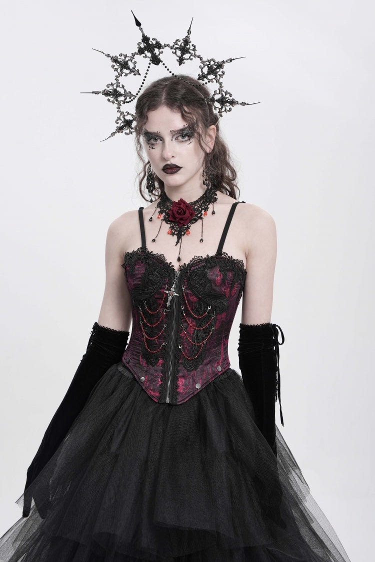 Red Sleeveless Embroidery Lace Chain Women's Gothic Vest - Product - 3