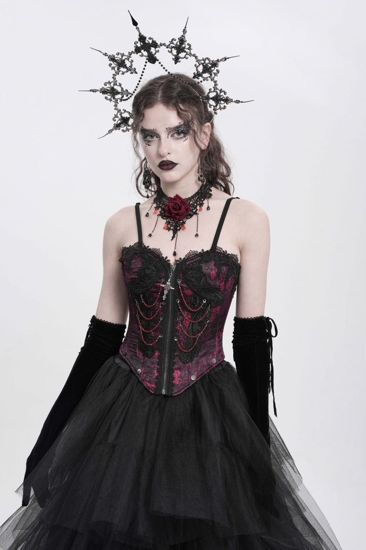 Red Sleeveless Embroidery Lace Chain Women's Gothic Vest - Product - 3