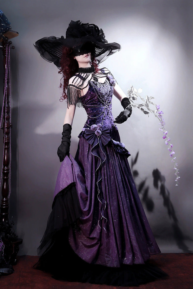 Purple [Mysterious Nocturne] Embroidery Bowknot Lace Classic Vintage Elegant Gorgeous Lolita Jsk Dress - Purple - 1