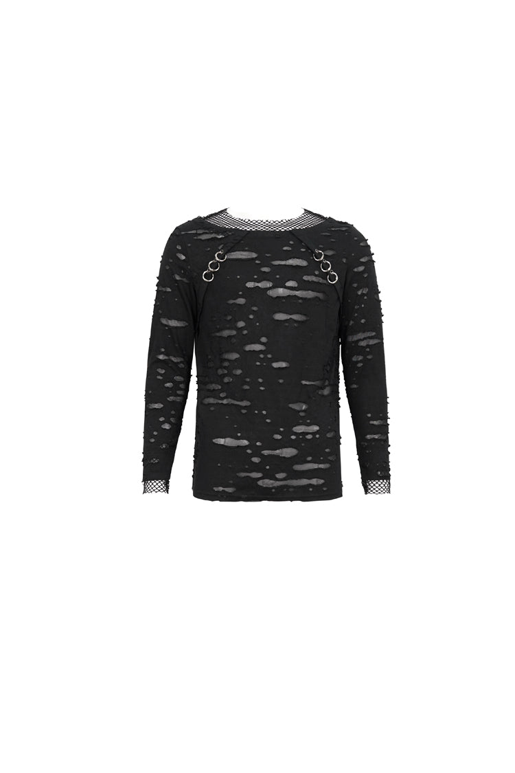 Black Diamond Mesh Irregular Hole Long-Sleeved Men's Punk T-Shirt - Product - 7