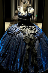 Blue [Galaxy of Fallen Tears] Sleeveless Glitter Series Ruffled Bow Asymmetric Sweet Lolita Jsk Dress - Product - 4