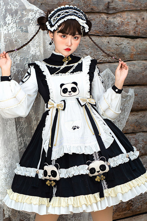 Black/White High Neck Lantern Sleeves Multi-Layer Ruffled Panda Bun Shop Sweet Lolita Op Dress - Product - 4