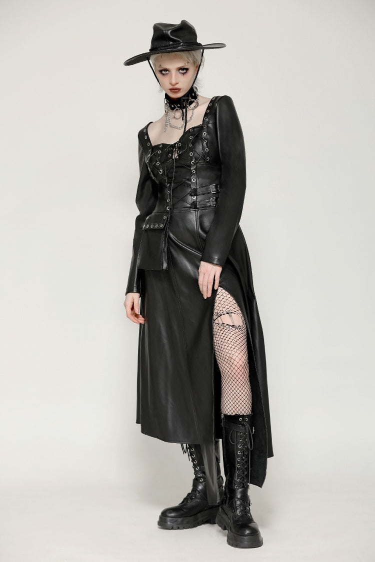Black Women's Punk Long Sleeves Cut-Out Side Slit Irregular Hem Dress - Product - 12