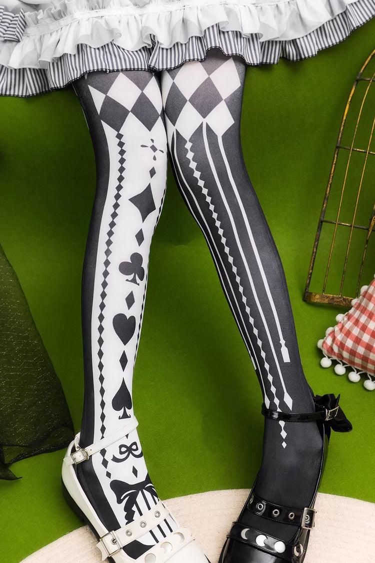 [Alice in Wonderland] Poker Printed Gothic Lolita Tights 5 Colors - Black/White - 1