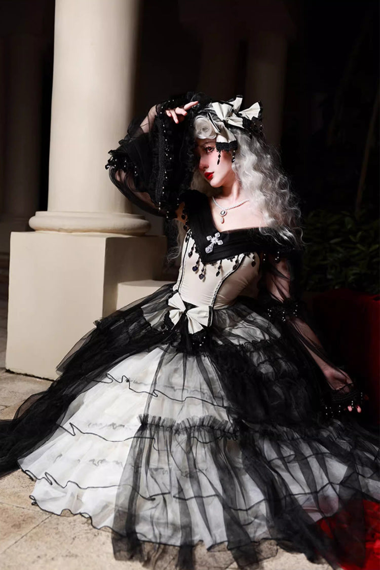 Black/White Ruffle Hanayome Lace Lace-Up Gothic Plus Size Lolita Jsk Dress (Long Version) - Product - 9