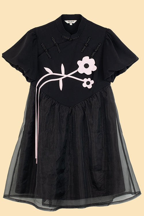 Black Stand Collar Lantern Short Sleeves Floral Print Organza Panel Sweet Lolita Dress - Product - 7