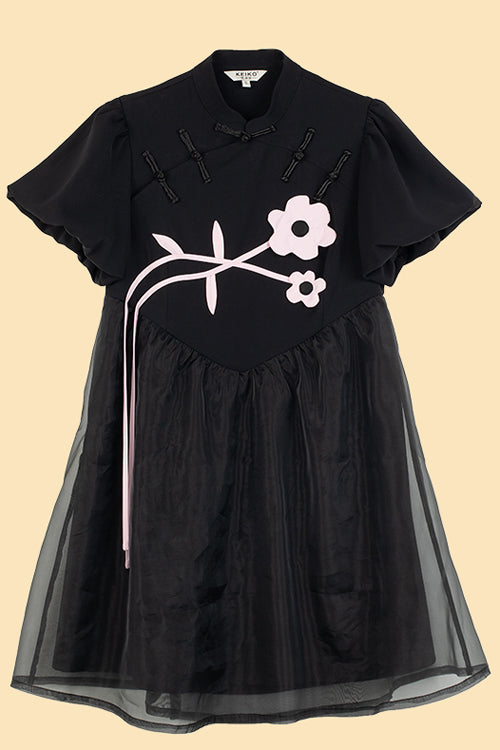 Black Stand Collar Lantern Short Sleeves Floral Print Organza Panel Sweet Lolita Dress - Product - 7