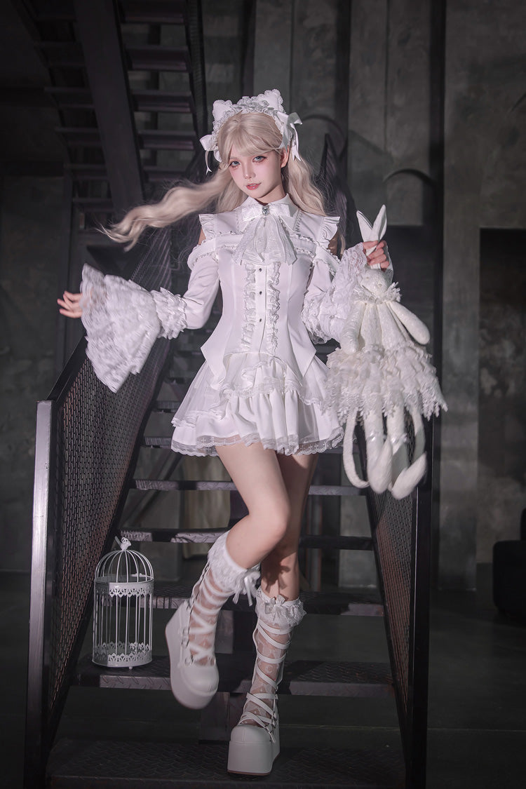White [Snowy Night Princess] Lapel Collar Long Hime Sleeves Ruffled Bow Lace Gothic Jirai Kei Japanese Skirt Set - Product - 11