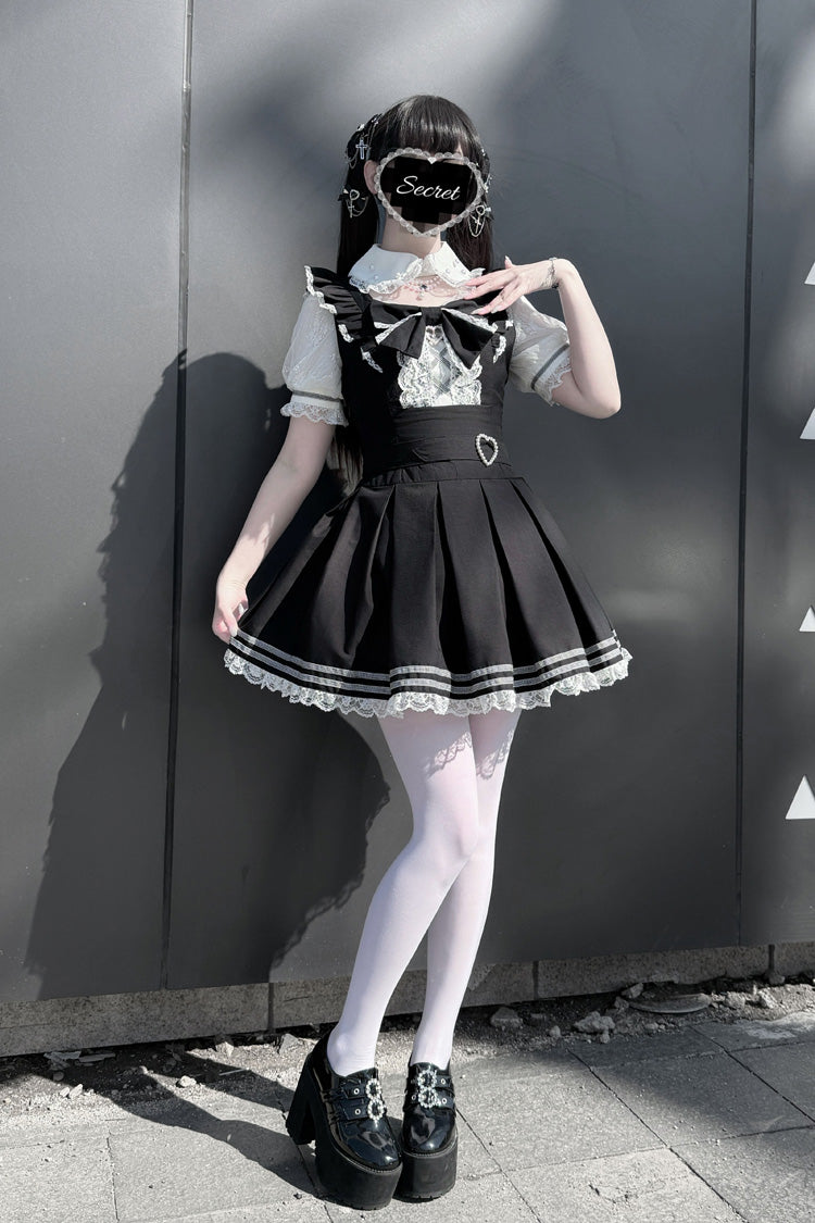 [Pearl Letter] Lapel Collar Short Sleeves Ruffled Bow Lace Jirai Kei Japanese Dress 2 Colors - Black/White - 4