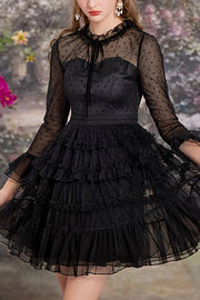 Black Lace Round Collar Polka Dot Mesh Trumpet Sleeves Layered Ruffled Sweet Lolita OP Dress - Black - 1
