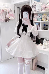 [Law of Disorder] Lapel Collar Long Sleeves Bow Lace Sweet Jirai Kei Skirt and Top 3 Colors - Skirt(White) - 4