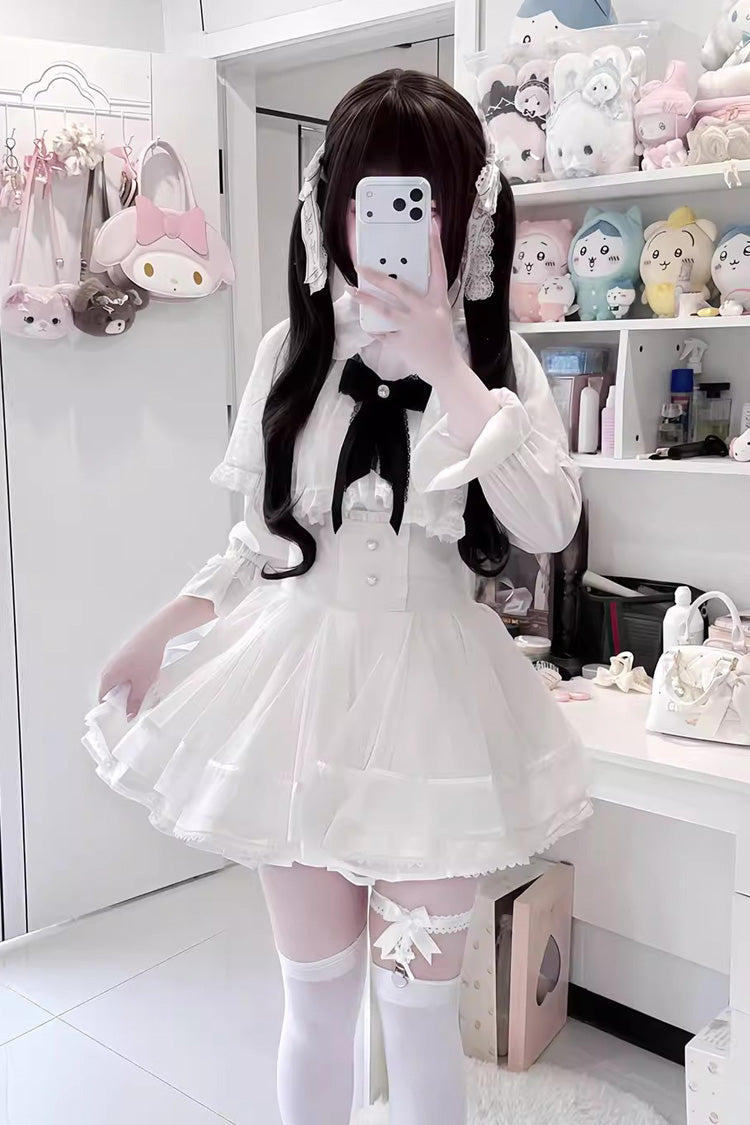 [Law of Disorder] Lapel Collar Long Sleeves Bow Lace Sweet Jirai Kei Skirt and Top 3 Colors - Skirt(White) - 4