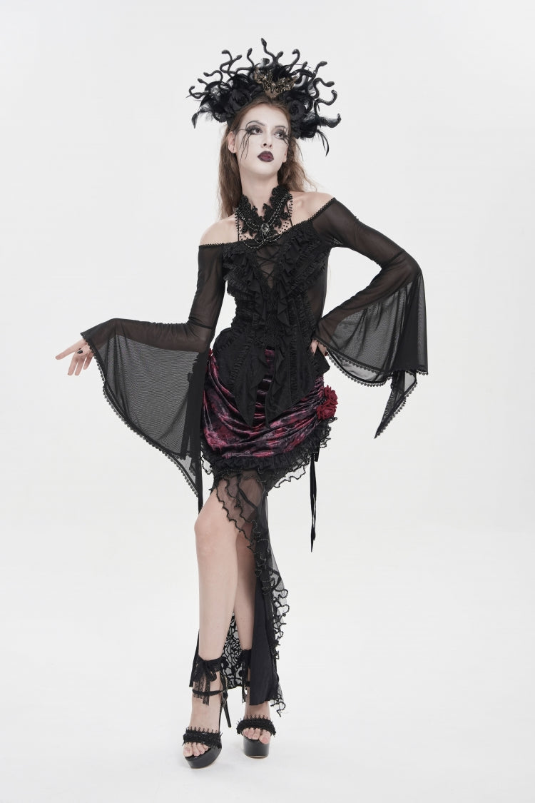 Black Off Shoulder Long Trumpet Sleeves Ruffled Embroidered Lace-Up Women's Gothic Blouse - Product - 10