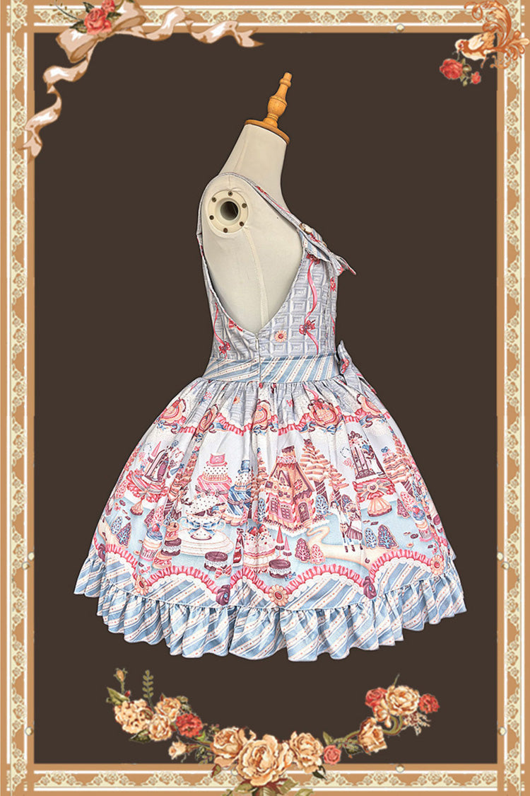 Blue [Candy House] Square Collar Sleeveless Printed Ruffled Bow Sweet Lolita Strap Dress - Product - 5