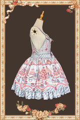 Blue [Candy House] Square Collar Sleeveless Printed Ruffled Bow Sweet Lolita Strap Dress - Product - 5