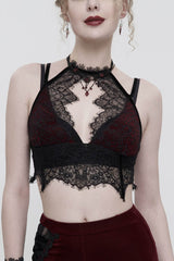 Red Velvet Chest Cutout Lace Hidden Side Zipper Sexy Women's Gothic Halter Lingerie - Red - 1