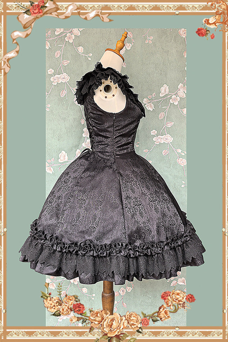 Black [Floral Canon] Round Collar Sleeveless Jacquard Printed Ruffled Bow Gothic Lolita Jsk Dress - Product - 9