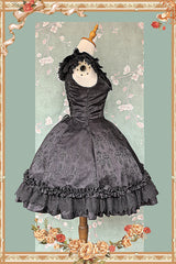 Black [Floral Canon] Round Collar Sleeveless Jacquard Printed Ruffled Bow Gothic Lolita Jsk Dress - Product - 9