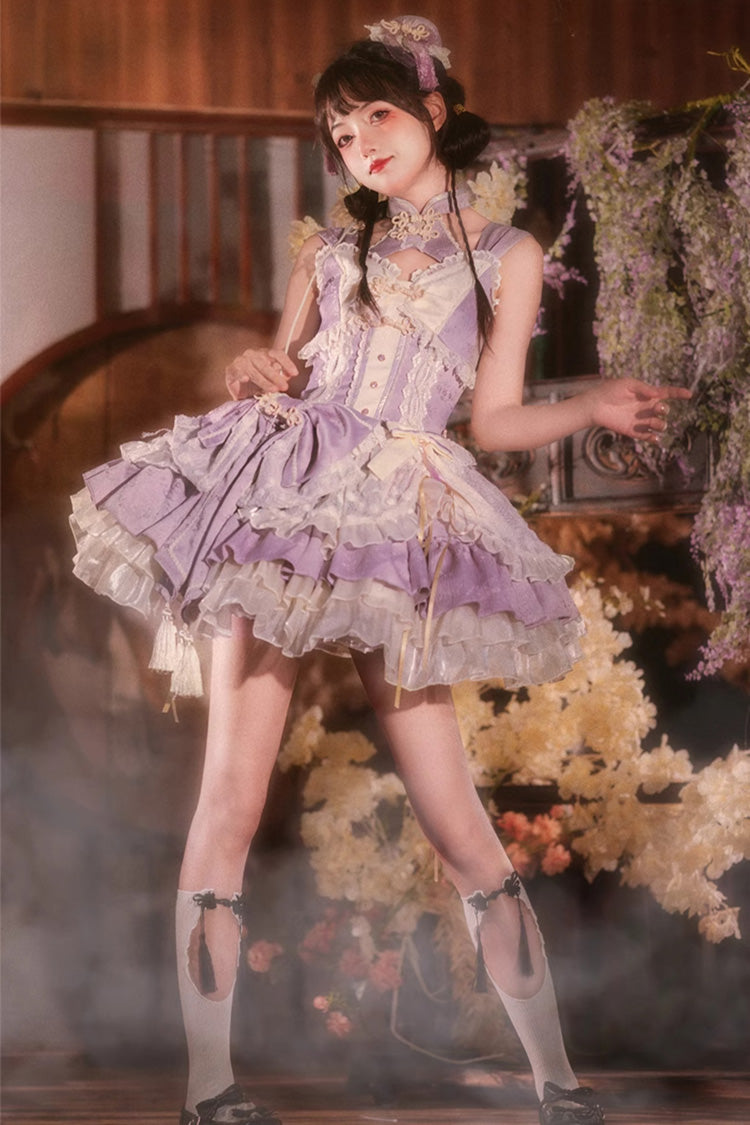Purple White Pear Dream Multi-layer Ruffle Lace Sweet Chinese Style Princess Lolita Jsk Dress - Product - 3