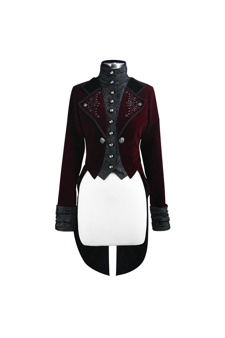 Red/Black Jacquard Lapel Embroidered Metal Nail Velveteen Swallowtail Women's Gothic Coat - Product - 5