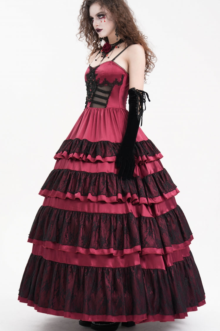 Red Multi-Layered Ruffle Lace-Up Mesh Women's Gothic Dress - Product - 2