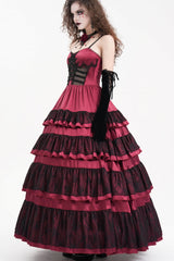 Red Multi-Layered Ruffle Lace-Up Mesh Women's Gothic Dress - Product - 2