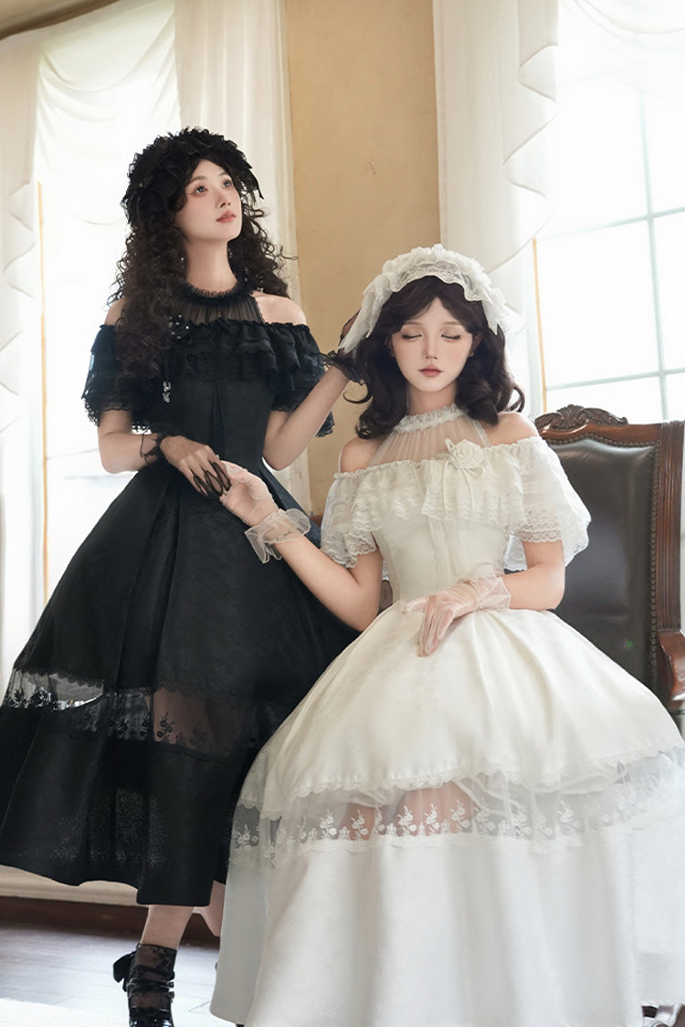 White [Flowers in the Mist] Off Shoulder Halterneck Print Ruffle Gothic Elegant Lolita Dress - Product - 17