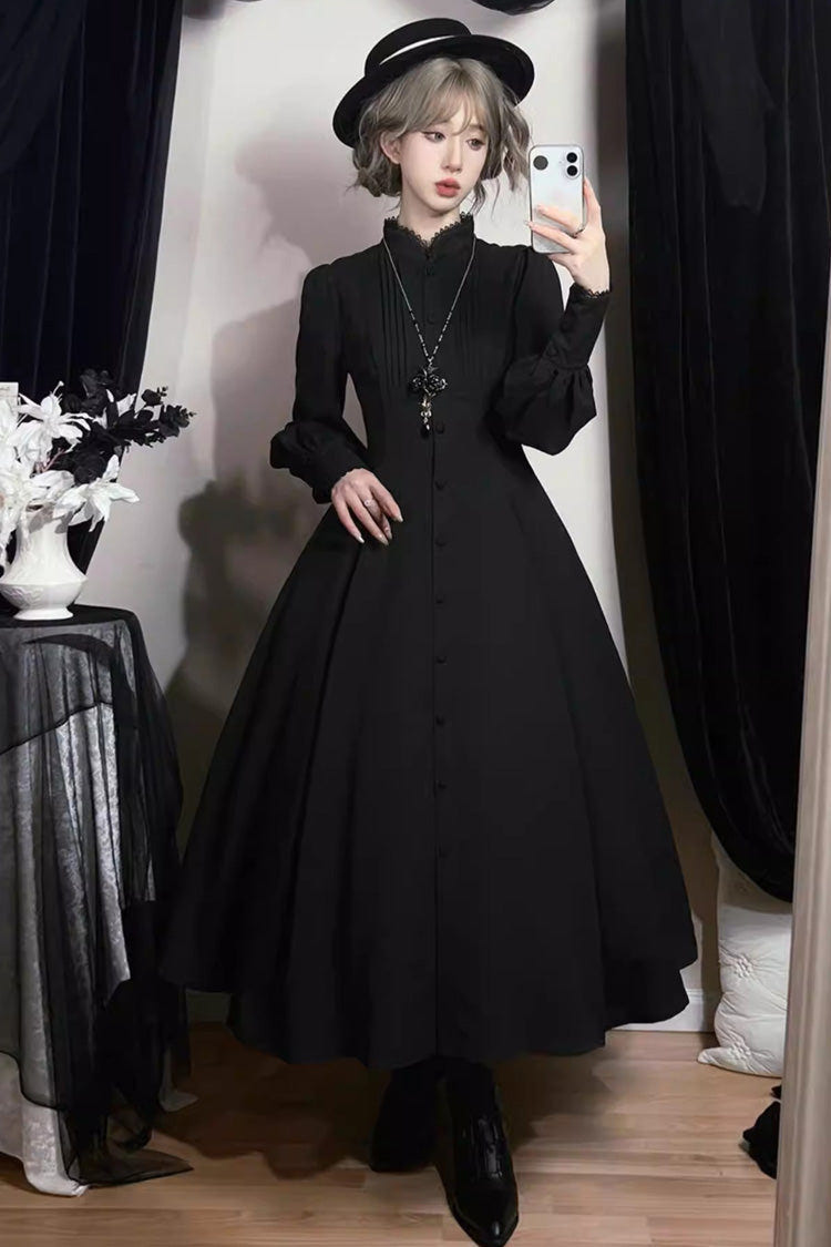Black [Astrea] Long Puff Sleeves Slim Gothic Elegant Lolita Dress - Product - 4