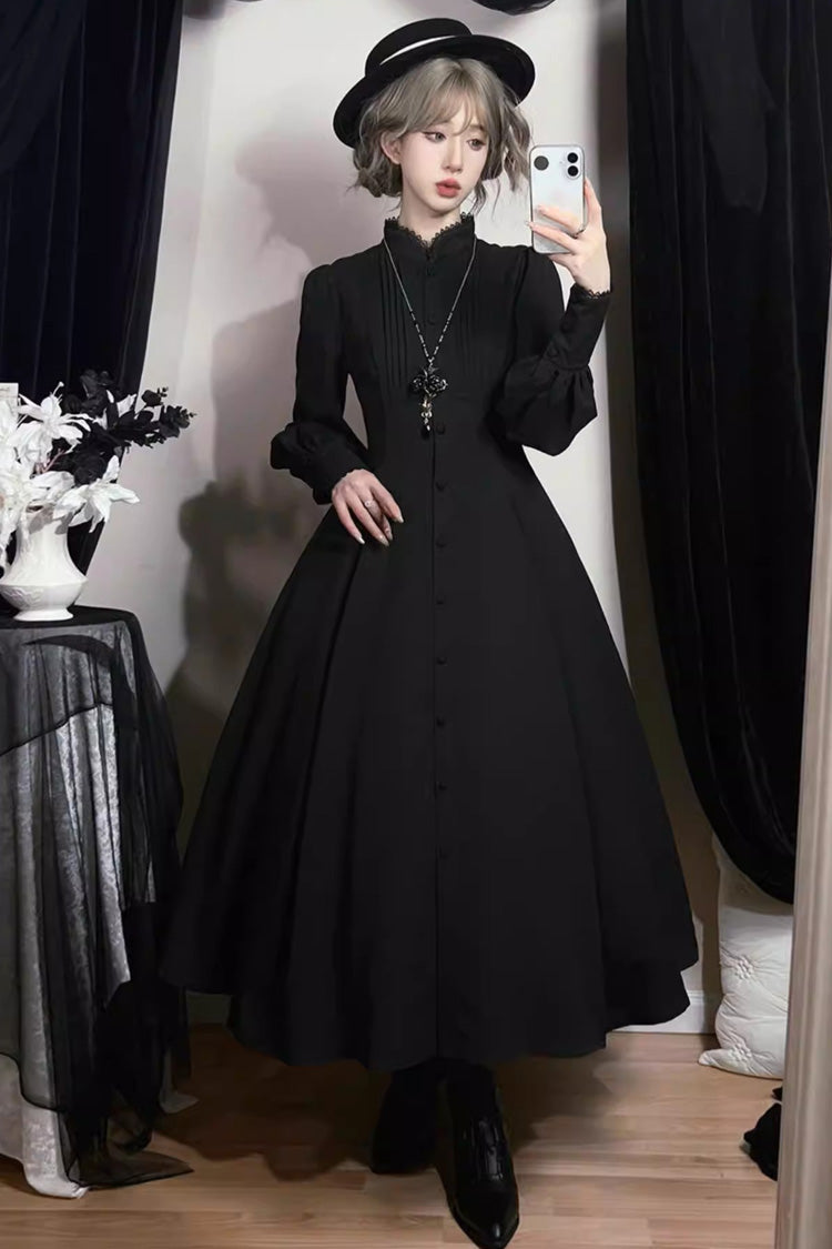 Black [Astrea] Long Puff Sleeves Slim Gothic Elegant Lolita Dress - Product - 4
