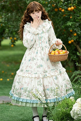 Apricot Round Collar Long Sleeves Double-Layered Floral Bird Printed Ruffled Bow Sweet Plus Size Lolita Dress - Product - 6