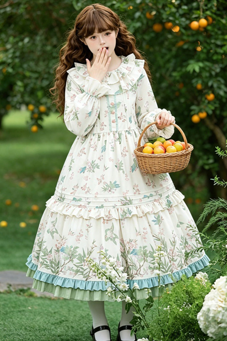 Apricot Round Collar Long Sleeves Double-Layered Floral Bird Printed Ruffled Bow Sweet Plus Size Lolita Dress - Product - 6