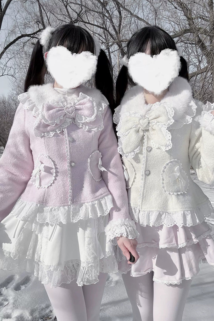 [Diamond Strawberry] Long Sleeves Bow Lace Pearl-Decorated Sweet Jirai Kei Lolita Coat 3 Colors - Pink - 1