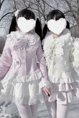 [Diamond Strawberry] Long Sleeves Bow Lace Pearl-Decorated Sweet Jirai Kei Lolita Coat 3 Colors - Pink - 1