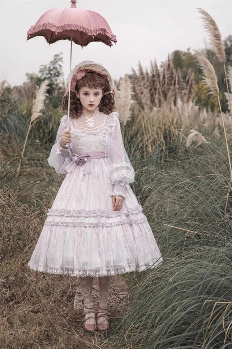 Light Purple Long Sleeves Ruffle Bowknot Lace Sweet Plus Size Elegant Lolita Dress - Product - 6