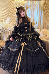 Black [Obsidian Banquet] Double-Layered Ruffled Hanayome Bow Lace Sweet Gothic Princess Lolita Jsk Dress - Black - 1
