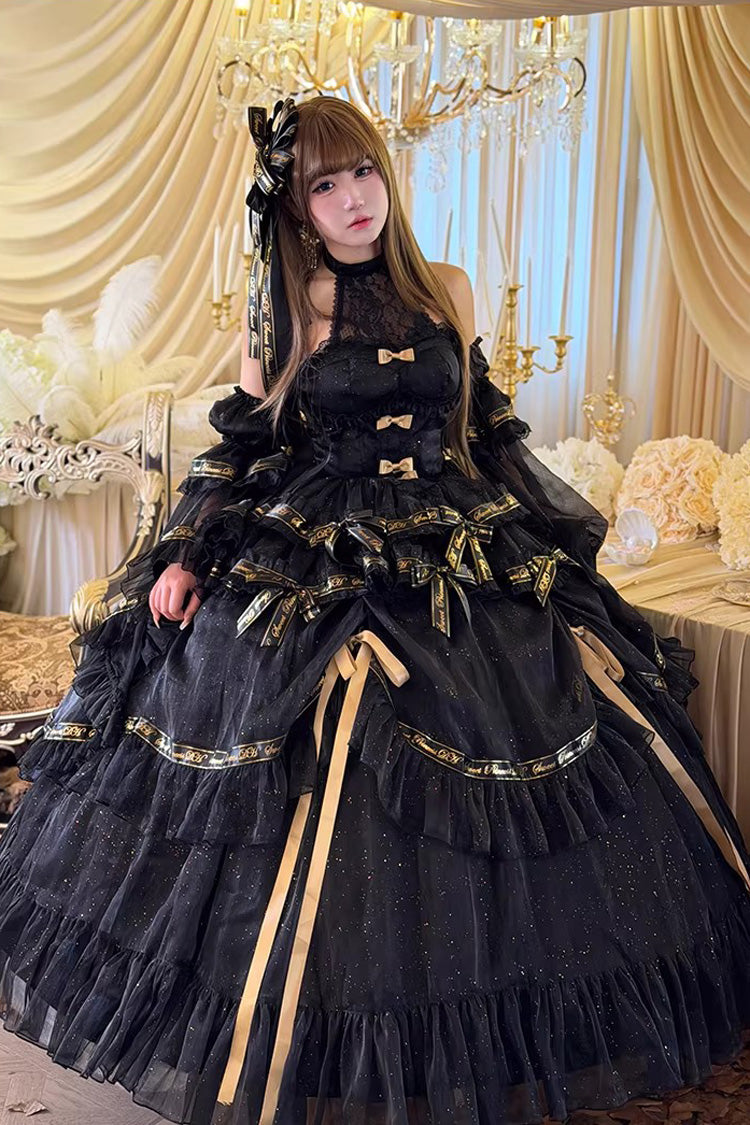 Black [Obsidian Banquet] Double-Layered Ruffled Hanayome Bow Lace Sweet Gothic Princess Lolita Jsk Dress - Black - 1