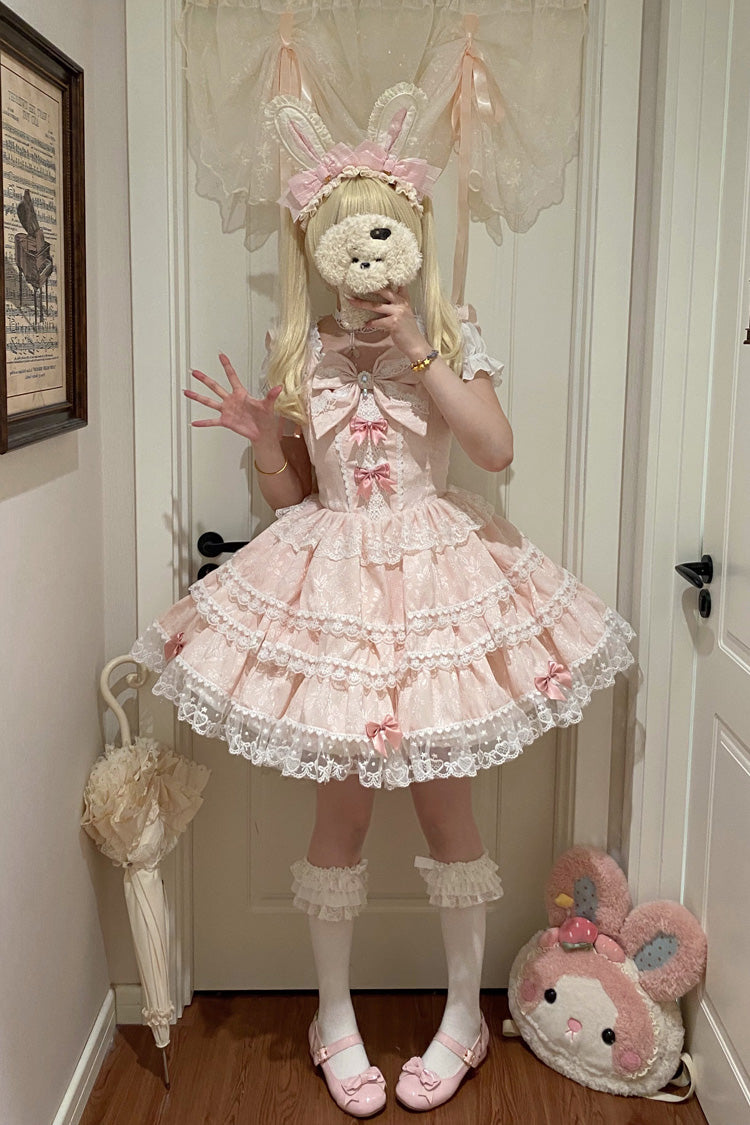 Pink [Sweet Mist Cherry Romance] Sleeveless Multi-Layered Hanayome Bow Lace Lolita Jsk Dress - Product - 2