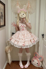 Pink [Sweet Mist Cherry Romance] Sleeveless Multi-Layered Hanayome Bow Lace Lolita Jsk Dress - Product - 2