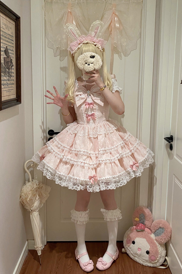 Pink [Sweet Mist Cherry Romance] Sleeveless Multi-Layered Hanayome Bow Lace Lolita Jsk Dress - Product - 2