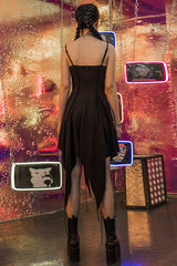 Black Leather Shoulder Strap Irregular Sharp Corner Hem Women's Gothic Sling Dress - Product - 4