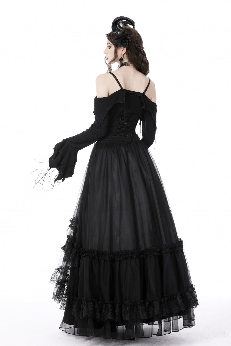 Black Off Shoulder Long Trumpet Sleeves Lace-Up Women's Gothic Sexy Crop Top - Product - 4