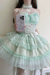 Green Halterneck Triple-Layered Bowknot Lace Sweet Lolita Jsk Dress - Product - 3