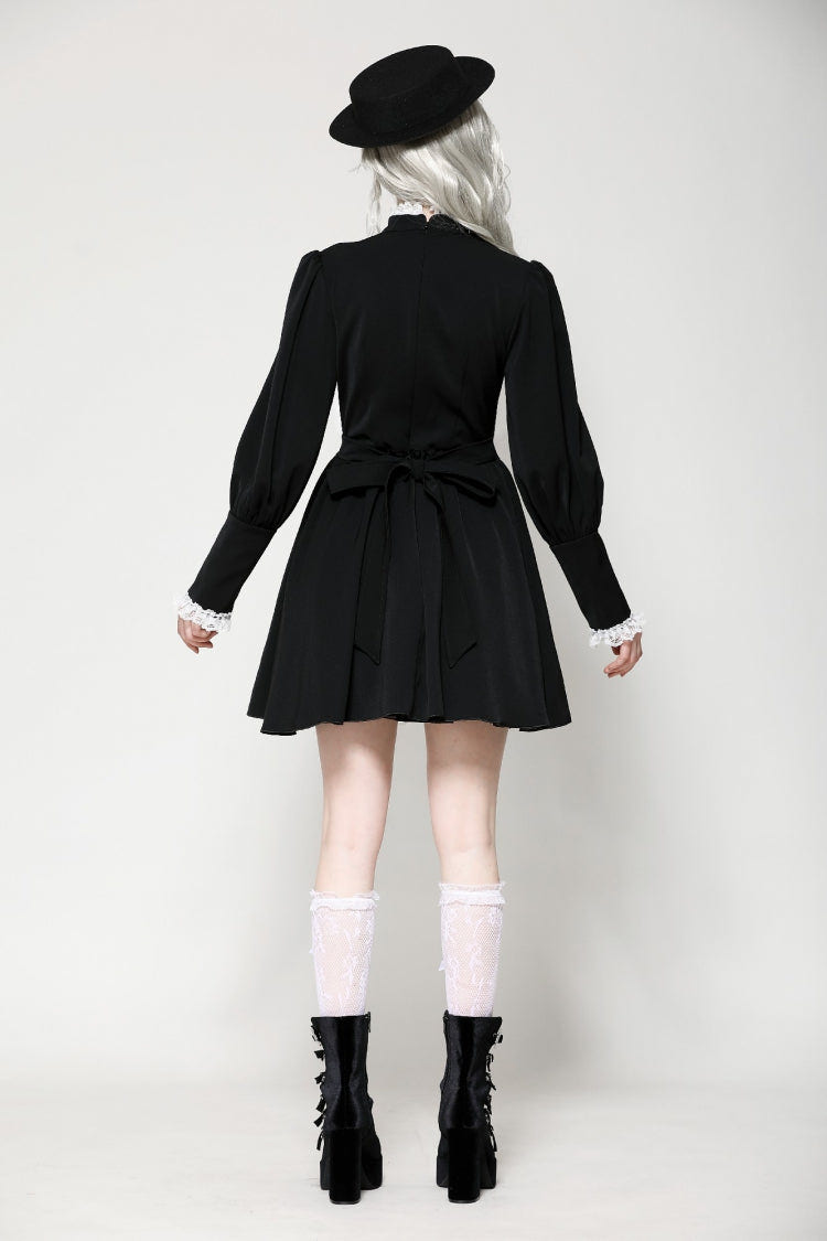 ブラック／ホワイト プリーツ レース スタンドカラー Jabot ロング パフスリーブ レディース ゴシック ワンピース 商品画像