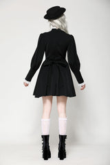 Black/White Pleated Lace Stand Collar Jabot Long Puff Sleeves Women's Gothic Dress - Product - 8
